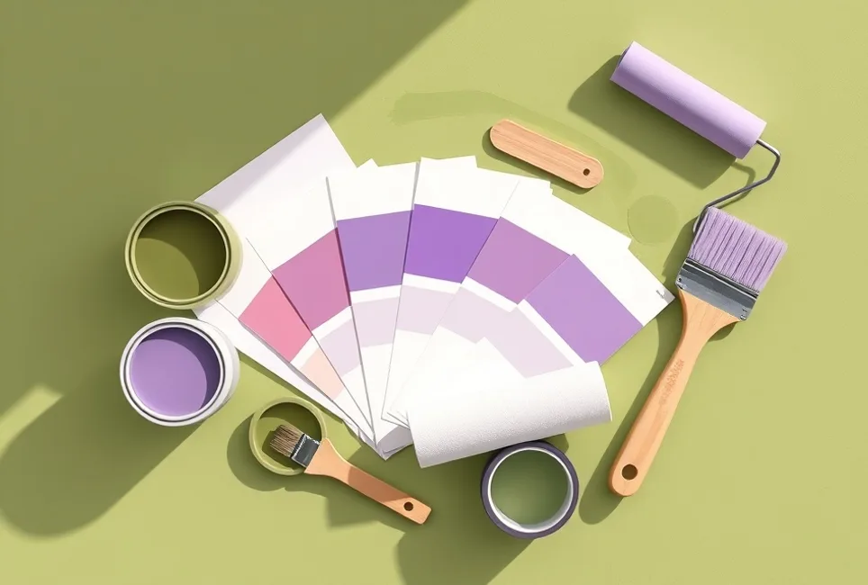 Pots de peinture, nuancier, brosses et rouleaux disposés à plat