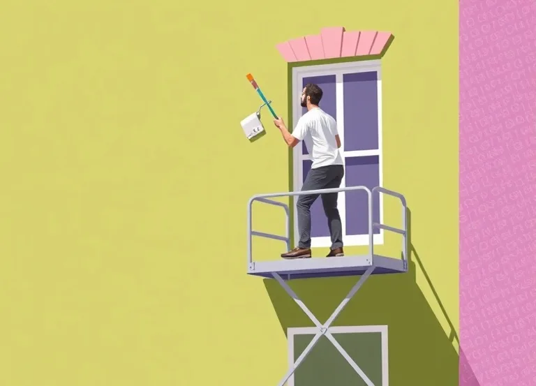 Peintre sur échafaudage traitant la façade d'une maison